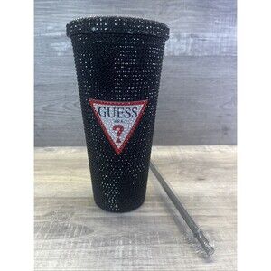 Guess Logo Black Rhinestone Bling Tumbler Cup Lid Straw New Box